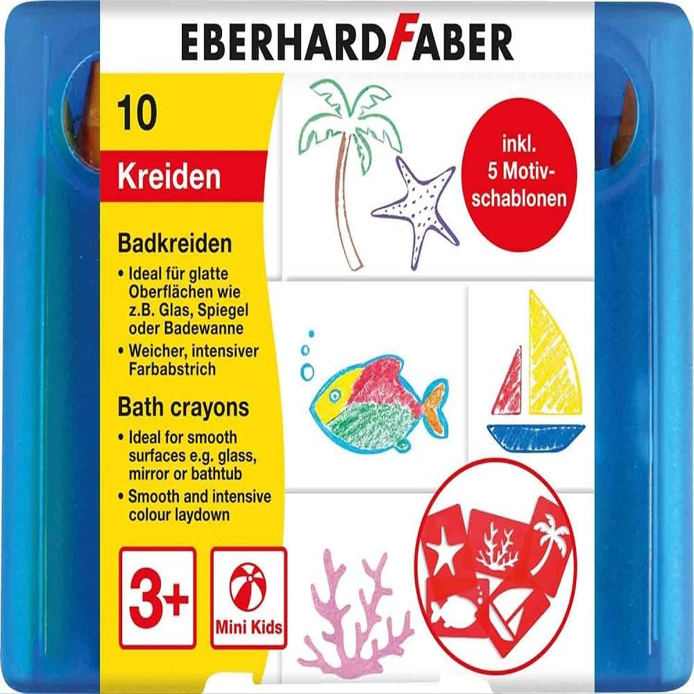 Eberhard Faber 524110 Bath Chalk for Children for Painting and Drawing on Tiles and Mirrors, Case with 10 Chalk Colours and 5 Motif Stencils