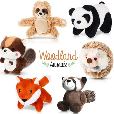 6 Pcs Mini Woodland Stuffed Animal Bulk 4 Inch Small Cute Forest Safari Plush Toys Gifts Panda Raccoon Sloth Big Tail Squirrel Fox Hedgehog for Kids Baby Shower Birthday Party Favors Classroom Prizes