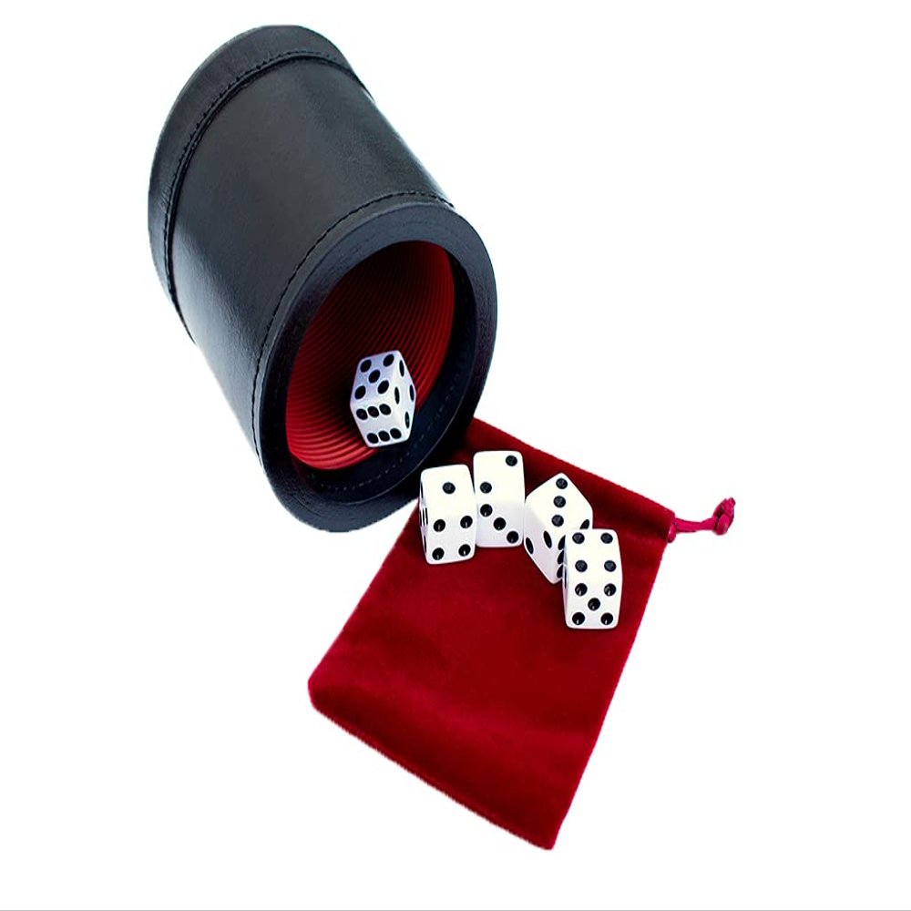 Alex Cramer Golden Gate Dice Cup Set - 5 White Dice, Drawstring Pouch & Book of Dice Games (Liars Dice Game) Included - Leather Dice Cup - Noiseless Liner for Quiet Shaking - Deep Mahogany