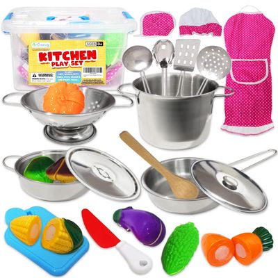 ArtCreativity Pretend Play Kitchen Set for Kids, 23-Piece Kids Kitchen Playset with Pots, Pans, Chef Hat, Apron, Utensils, Knife Toy, Pretend Play Food, & More, Kids Kitchen Playset for Hours of Fun