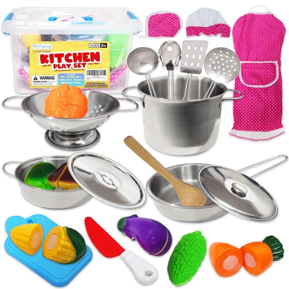 ArtCreativity Pretend Play Kitchen Set for Kids, 23-Piece Kids Kitchen Playset with Pots, Pans, Chef Hat, Apron, Utensils, Knife Toy, Pretend Play Food, & More, Kids Kitchen Playset for Hours of Fun