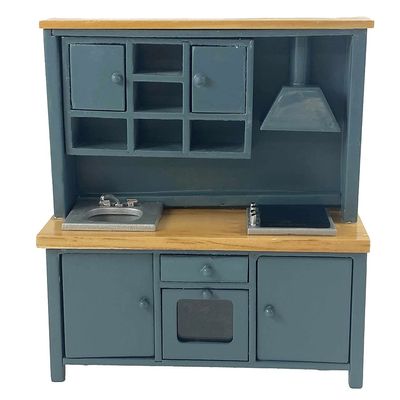 Dollhouse Blue & Oak Complete Modern Kitchen Unit with Sink Oven & Hob 1:12