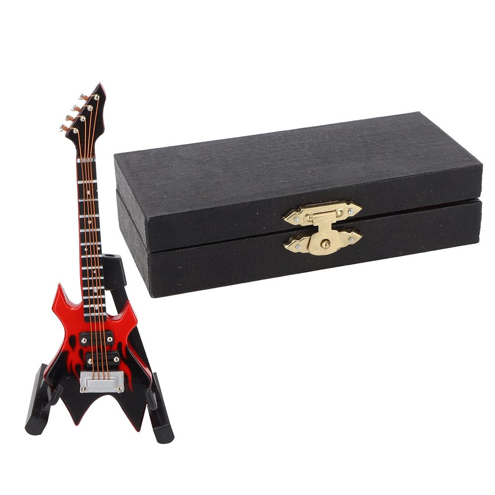 Wooden Music Instrument, Miniature Dollhouse Model Dollhouse Model Guitar Model Musical Instrument for Gift for Ornament(10 cm red Sharp Pointed Electric bass)