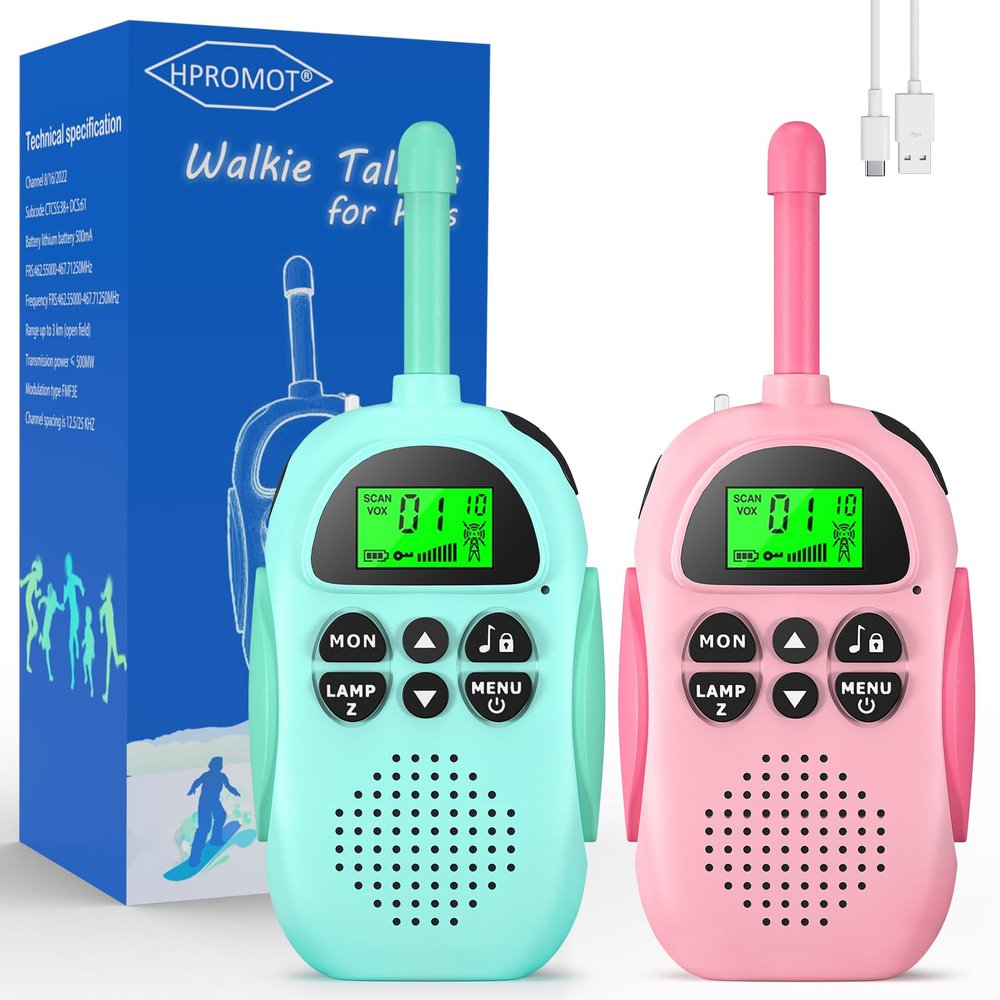 HPROMOT Walkie Talkies for Kids Rechargeable 2 Pack Walkie Talkies, Long Range 22 Channels 2 Way Radio Kids Birthday Toy Gift for 3-12 Year Old Boys Girls Outdoor Adventures Camping Hiking
