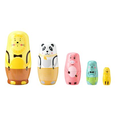 5 Pieces Handmade Russian Nesting Dolls Matryoshka Wooden Stacking Nested Cute Cartoon Animals Lion Pattern Nesting Dolls for Children Kids Christmas Toy Gift (Overalls Lion)