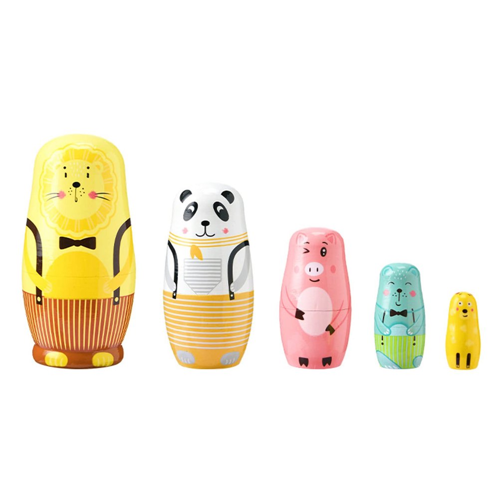 5 Pieces Handmade Russian Nesting Dolls Matryoshka Wooden Stacking Nested Cute Cartoon Animals Lion Pattern Nesting Dolls for Children Kids Christmas Toy Gift (Overalls Lion)