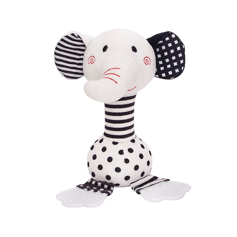 D-KINGCHY Baby Toys 0-12 Months, Black and White Newborn Toys, Soft Plush Rattle Stuffed Animal Toy with Teether and Sound, Developmental Hand Grip Toys (Elephant)