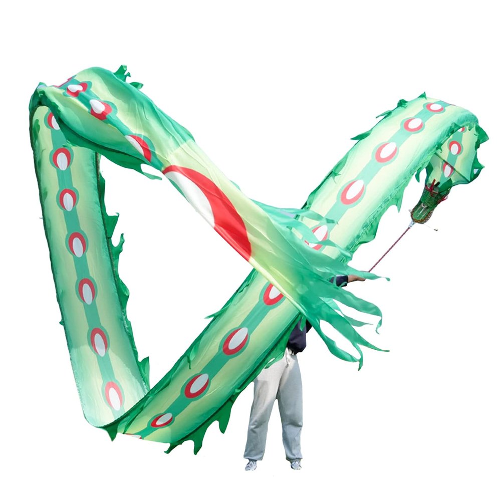 LXLA Dragon-Dancing Fitness Streamer, Chinese Folk Exercise Toys, Green Outdoor Sports Ribbon for Seniors Adult, Peacock-Style Body, with Dragon-Shape Head (Size : 8m/26ft Long)