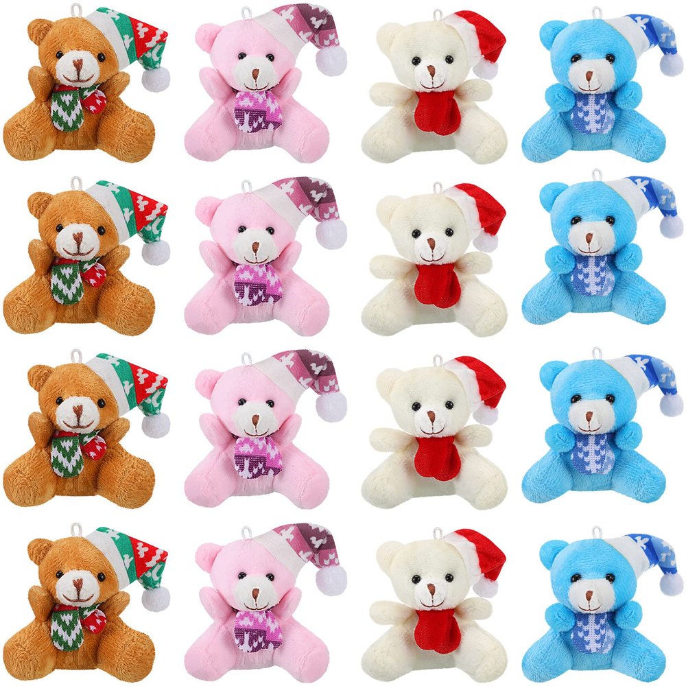 12 Pieces Christmas Mini Bear Bulk 3.15 Inch Soft Plush Stuffed Animal Toy Xmas Tree Cute Ornaments Plush Bear Keychain Gift for Birthday Present Box Wedding Party Favors Award Decor(Christmas Style)