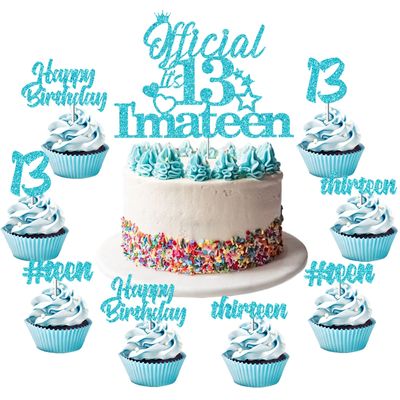 13th Cake Decorations - Official 13 I'm a Teen Cake Topper with 24 Pack Cupcake Toppers Teal Blue Glitter for Teenager Girls Thirteen Birthday Party Supplies