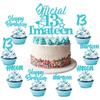 13th Cake Decorations - Official 13 I'm a Teen Cake Topper with 24 Pack Cupcake Toppers Teal Blue Glitter for Teenager Girls Thirteen Birthday Party Supplies view 1