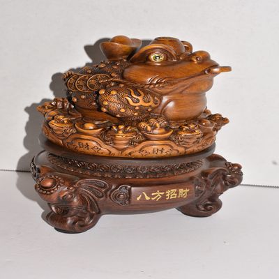 8.5" Beautiful Oriental 3 Legged Lucky Toad Money Frog with Coins and Ingots on a Rotating Ornate Elephant Base