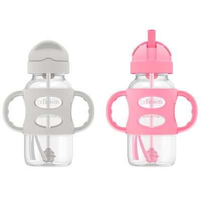 Dr. Brown's Milestones Wide-Neck Sippy Straw Bottle, Spill-Proof with 100% Silicone Handles and Weighted Straw, 9 oz/270 mL, Gray & Pink, 6m+, 2-Pack