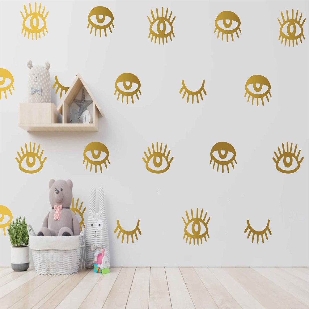 44pcs Eye Pattern Sticker for Girl's Bedroom Eyelash Decals Modern Wall Sicker Baby Girl Removable Wall Decor SK018 (Gold)