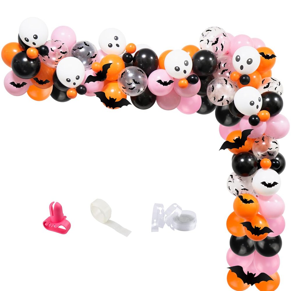 100Pcs Halloween Balloon Arch Garland Kit,Pink Black Orange Halloween Balloons Arch with BOO Foil Balloons,Skull Balloons,Bats Wall Stickers for Halloween Theme Party,Halloween Day Party Decorations
