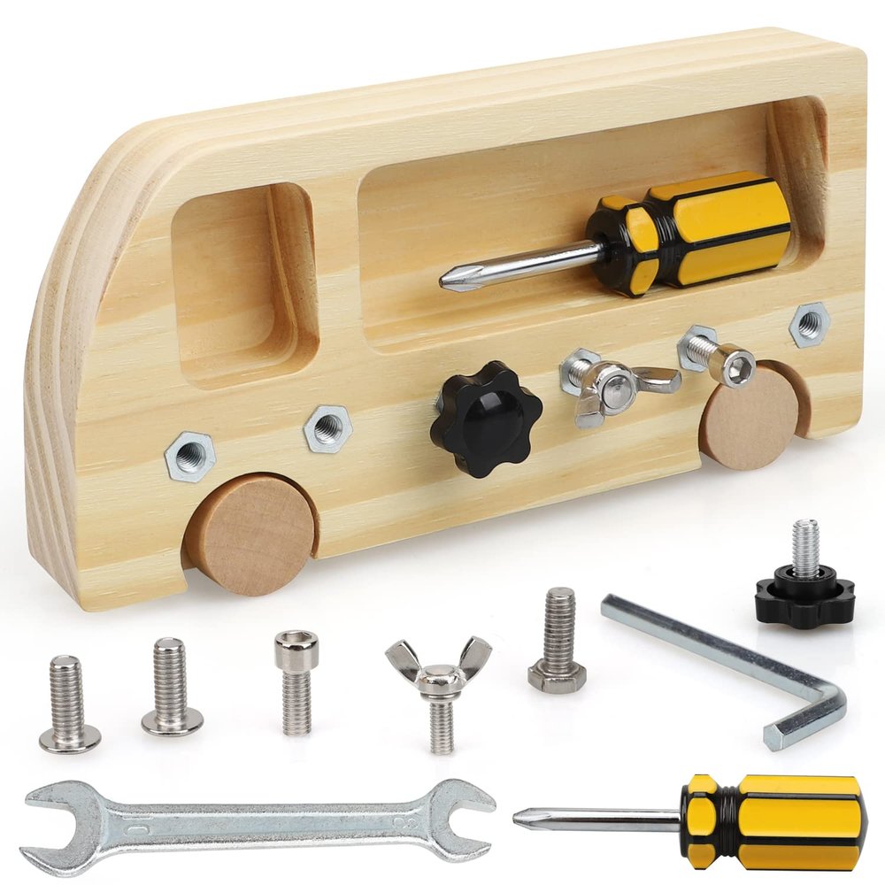 TOY Life Wooden Montessori Screwdriver Board Set for 3 4 5 Toddler & Kid, Preschool Learning Sensory Busy Bus Toys