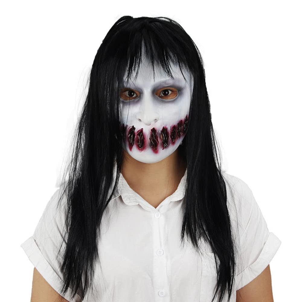 Halloween Female Sadako Ghost House Face Needle Scar Crack Mask Scary Challenge Games Evil Silicone Latex Mask with Long Hair Costume Party Props