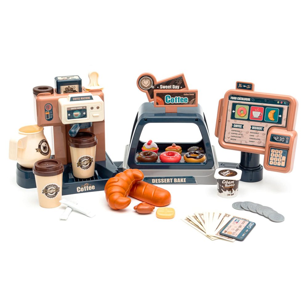 Pretend Role Play Toy Coffee Shop for Boys and Girls with Coffee Maker Machine and Fake Donuts 41Pcs (Classic Edition)