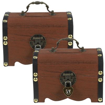 DOITOOL Vintage Treasure Chest Wooden Piggy Bank with Lock Small Money Storage Box 5.70X4.13X3.93 Inch Decorative Organizer for Home Office
