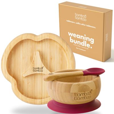 Suction Bowl for Baby, Bamboo Baby Bowl and Spoon Set with Removable Food-Grade Silicone Suction Cup for Kids Safe, Sturdy, Non-Toxic Toddler Suction Bowl for Baby-Led Self-Weaning (Cherry Bundle)