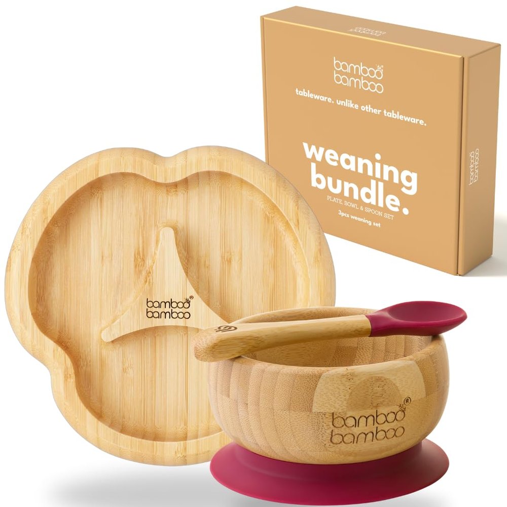 Suction Bowl for Baby, Bamboo Baby Bowl and Spoon Set with Removable Food-Grade Silicone Suction Cup for Kids Safe, Sturdy, Non-Toxic Toddler Suction Bowl for Baby-Led Self-Weaning (Cherry Bundle)