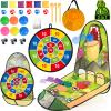 unanscre 3 in 1 Bean Bag Toss Game Toy Outdoor for Kids, Dinosaur Foldable Cornhole Board with Pop Up Basketball Game and Dartboard Set, Gift for Birthday/Xmas Party, Outside Toys for Toddlers Age 3+ view 1