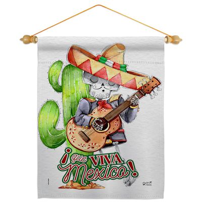 Angeleno Heritage Que Viva Mexico Garden Flag Set Wood Dowel Summertime Cinco de Mayo Party Cactus Pinata Sombrero Mexican Fiesta Outdoor Small Decorative Gift Yard House Banner Made in USA 13 X 18.5