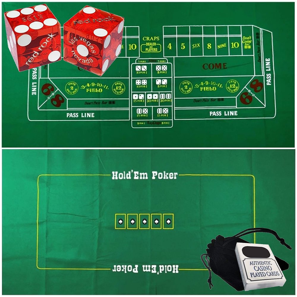 Cyber-Deals Craps & Texas Hold'em Poker Essentials Set: 2-Sided 6ft x 3ft Felt Layout, Las Vegas Casino Table-Played Dice & Cards, Plus Storage Pouch (Red Rock (Red Polished))