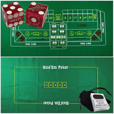 Cyber-Deals Craps & Texas Hold'em Poker Essentials Set: 2-Sided 6ft x 3ft Felt Layout, Las Vegas Casino Table-Played Dice & Cards, Plus Storage Pouch (Bally's (Purple Frosted))