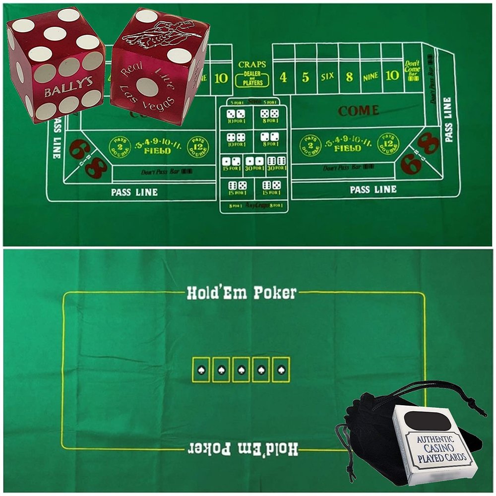 Cyber-Deals Craps & Texas Hold'em Poker Essentials Set: 2-Sided 6ft x 3ft Felt Layout, Las Vegas Casino Table-Played Dice & Cards, Plus Storage Pouch (Bally's (Purple Frosted))