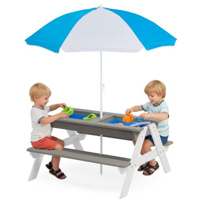 SoliWood Kids 3 in 1 Convertitable Sand and Water Table with Umbrella, Picnic Table for Outdoor Backyard Patio Play