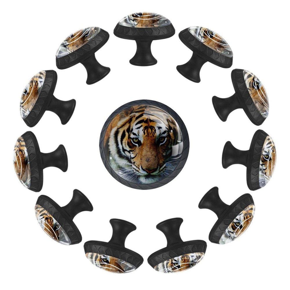12 Pieces Beautiful Tiger Looking Straight Glass Knobs for Dresser Drawers, 1.37 x 1.10 in Round Kitchen Cabinet Pulls for Home Office Nursery Kids Room