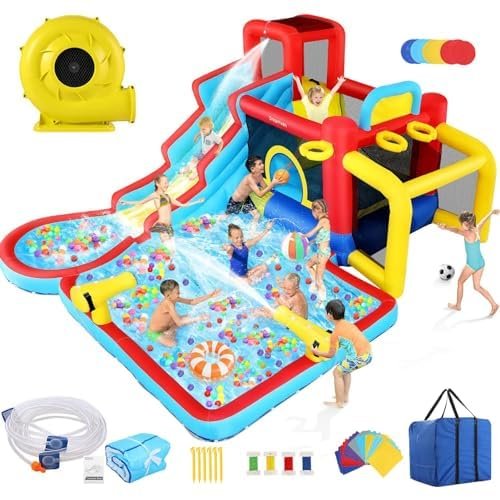 AKEYDIY Inflatable Water Slide Bounce House 13 in 1 Waterfall Waves Mega Water Slides Park |Large Water Bounce House,Splash &Blast Bouncer,Ball Toss,Soccer Gate,Water Inflatables for Kids Backyard