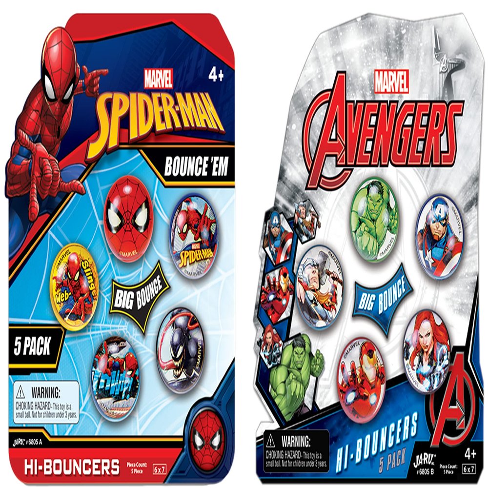 JA-RU Marvel Avengers Bouncy Superballs Super Hi Bounce 1.2" (Pack of Balls) Hulk, Thor, Cap America & Friends Fidget Balls Small Toys for Kids Prize Giveaways Gift. (Spiderman/Avengers 2 Packs)