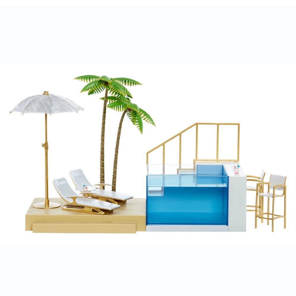 Rainbow High Color Change Playset: 7-in-1 Light-Up Multicolor Changing Pool, Adjustable Umbrella, and Pool Accessories. Fits 7 Fashion Dolls, Toy Gift for Kids Ages 6 7 8+ to 12