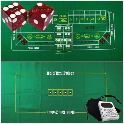 Cyber-Deals Craps & Texas Hold'em Poker Essentials Set: 2-Sided 6ft x 3ft Felt Layout, Nevada Casino Table-Played Dice & Cards, Plus Storage Pouch (Reno Peppermill (Dark Red Polished))