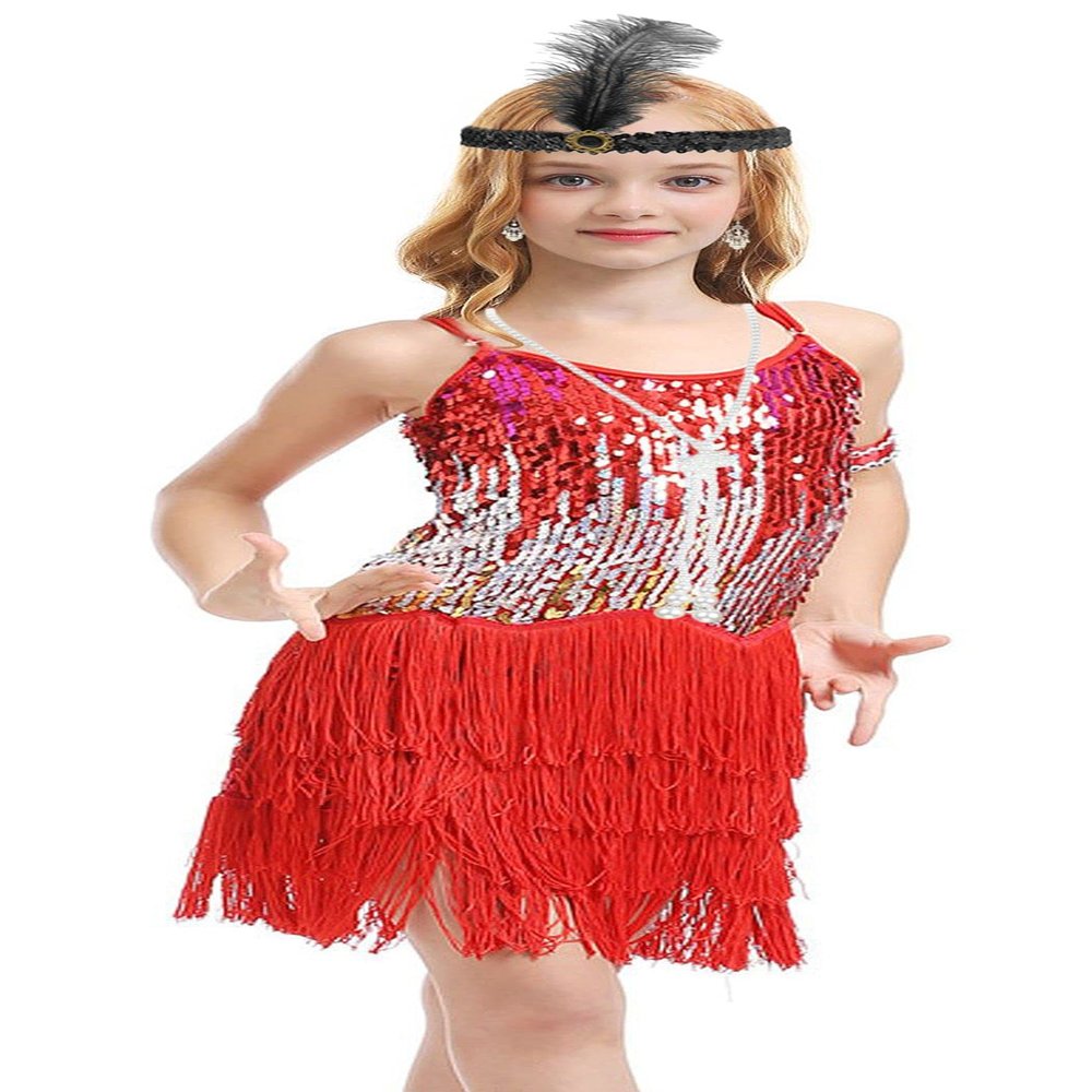1920's Sequins Flapper Dress Children's Day Gift Party Halloween Costumes for Girls Accessories Set (Medium, Style 7 Red)