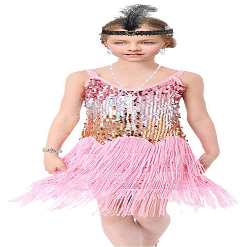 1920's Sequins Flapper Dress Children's Day Gift Party Halloween Costumes for Girls Accessories Set (Large, Style 7 Pink)