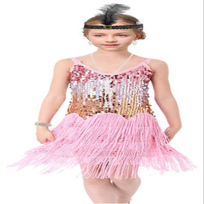1920's Sequins Flapper Dress Children's Day Gift Party Halloween Costumes for Girls Accessories Set (Small, Style 7 Pink)