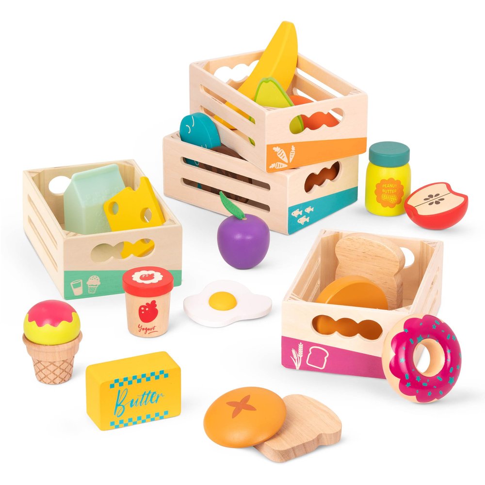 B. toys Little Foodie Groups 24-Piece Wooden Grocery Toy with Categorized Food Crates Encourage Sorting, Healthy Eating Pretend Scenarios Best for Curious Chefs Ages 3+