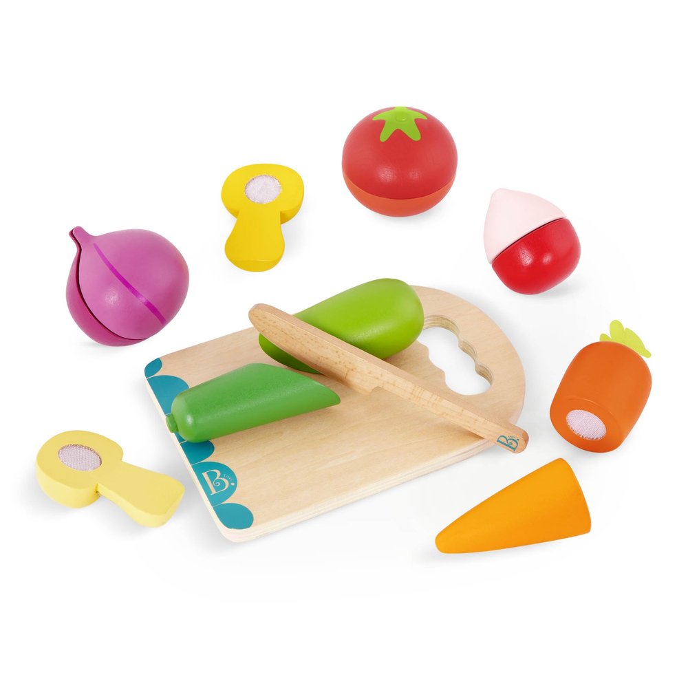 B. toys Chop 'n' Play Vegetables Pretend Play Food Set 6 Wooden Toy Vegetables to Cut Hook and Loop Play Food for Toddlers, Kids Safe Knife & Cutting Board 2+ Years