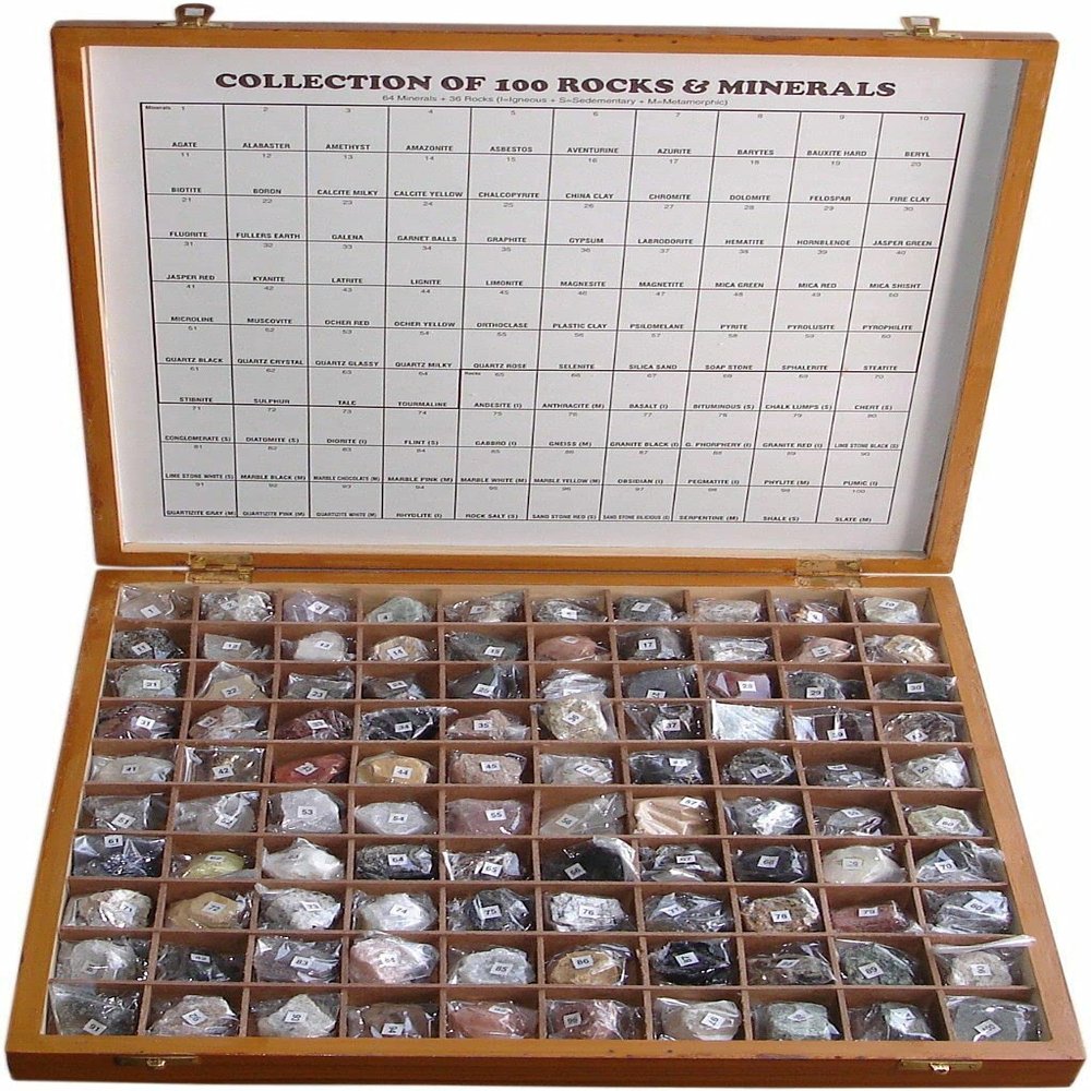 Crabby Geology Civil Educational |100 Rare Rocks & Minerals | Collection Kit in Wooden Box