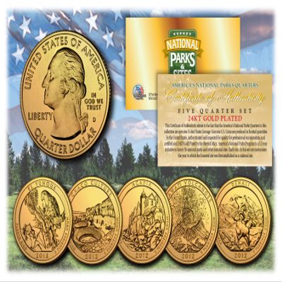 Merrick Mint 2012 America The Beautiful 24K Gold Plated Quarters Parks 5-Coin Set w/Capsules