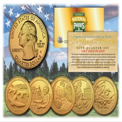 Merrick Mint 2017 America The Beautiful 24K Gold Plated Quarters Parks 5-Coin Set w/Capsules