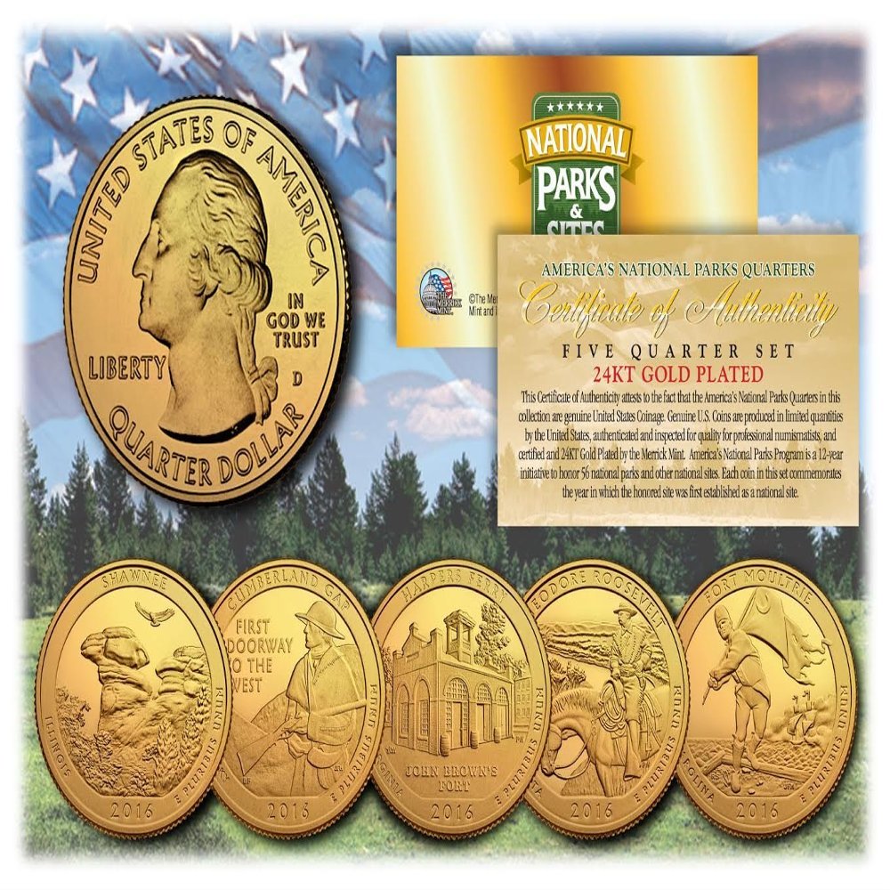 Merrick Mint 2016 America The Beautiful 24K Gold Plated Quarters Parks 5-Coin Set w/Capsules