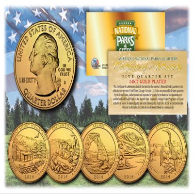 Merrick Mint 2014 America The Beautiful 24K Gold Plated Quarters Parks 5-Coin Set w/Capsules