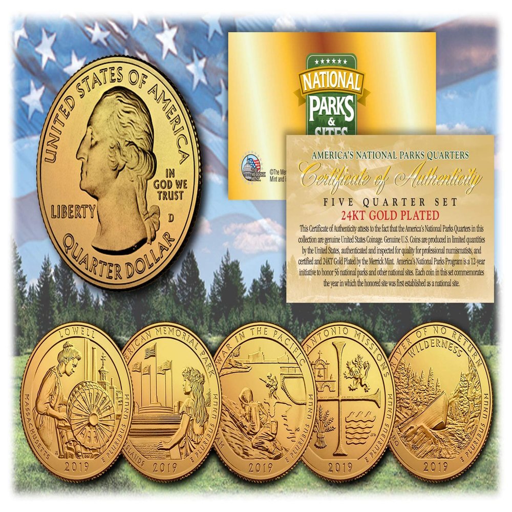 Merrick Mint 2019 America The Beautiful 24K Gold Plated Quarters Parks 5-Coin Set w/ Capsules