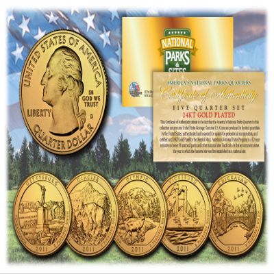 Merrick Mint 2011 America The Beautiful 24K Gold Plated Quarters Parks 5-Coin Set w/Capsules