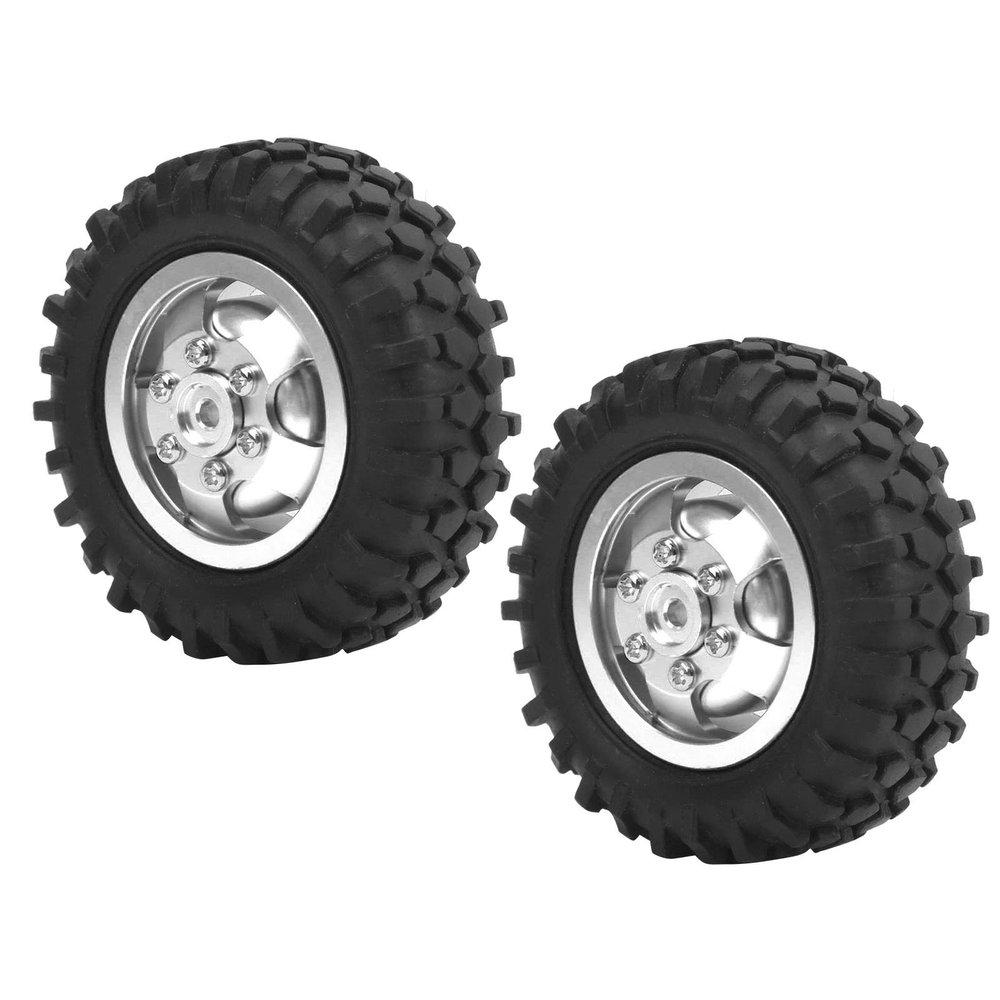 VGEBY RC Truck Wheel,2Pcs Rubber Tire 55mm Dia Aluminium Alloy Fit for D12 1/10 RC Car RC Vehicle Scale Accessories (Silver) Car Model Accessory