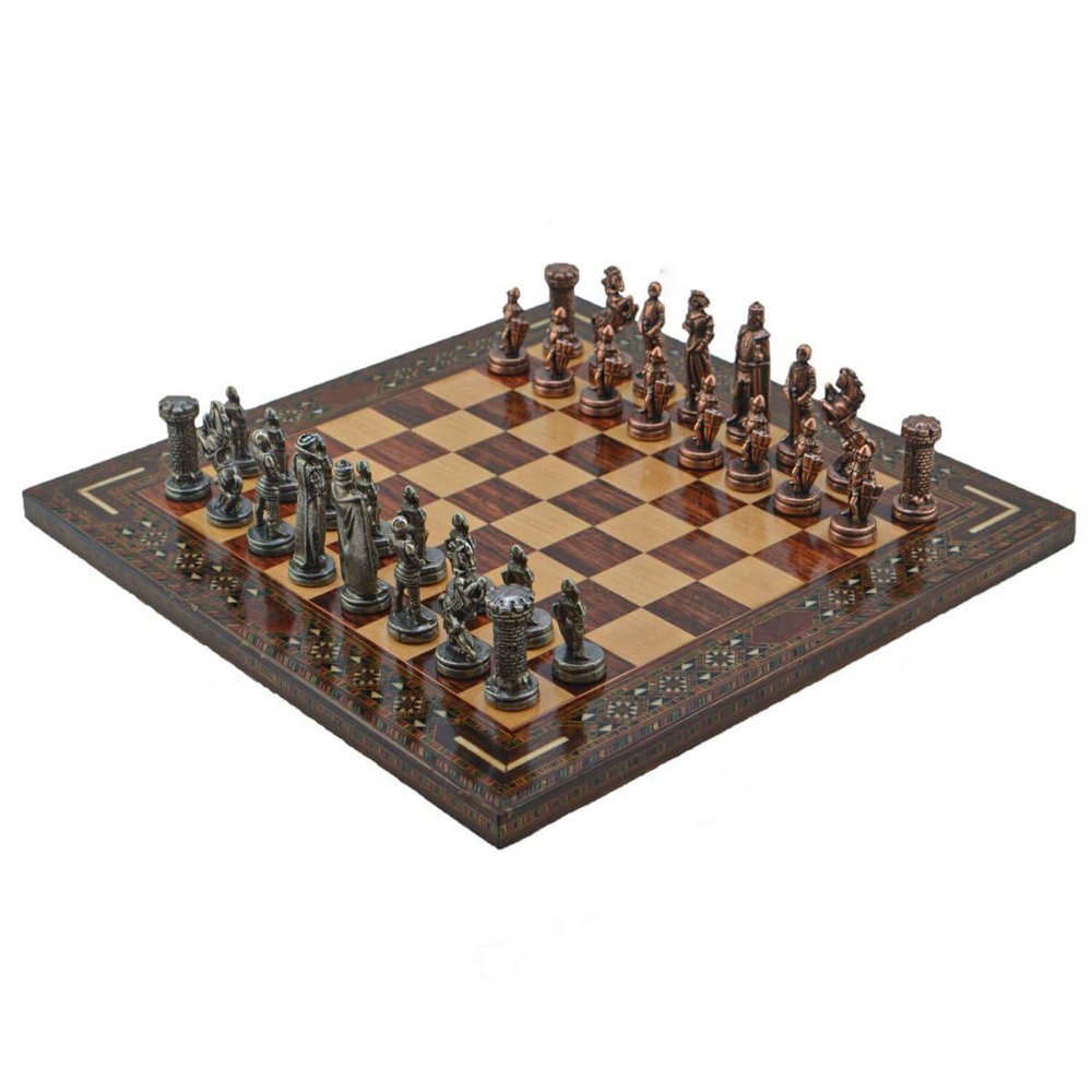Antique Copper Medieval British Army Figures Metal Chess Set for Adult,Handmade Cool Pieces and Medium Size Natural Solid Wooden Chessboard with Pearl Design Around Board (Rose)